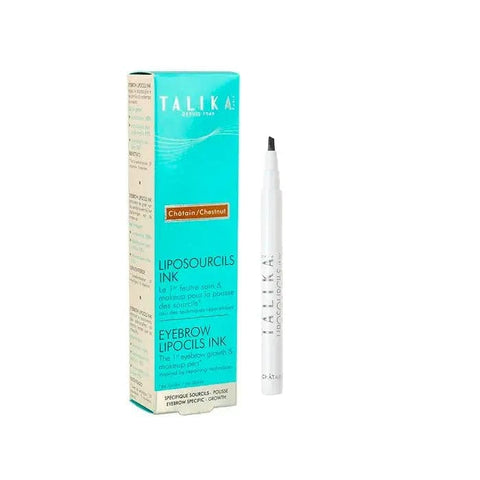 Talika Lipocils Ink eyebrow serum in light brown, 0.8ml, from Jag Couture London New York, showing the product applicator and packaging.