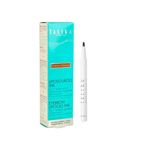 Talika Eyebrow Lipocils Ink in Light Brown, 0.8ml, with a brush applicator showing the product's color and packaging.