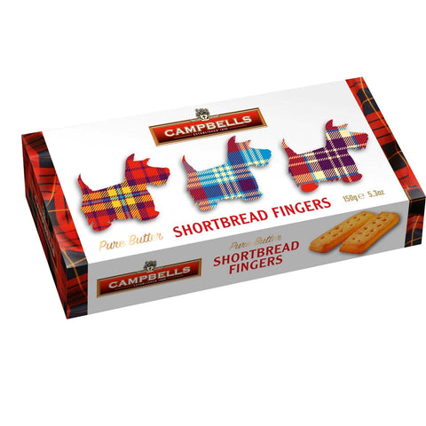 Tartan dog-shaped shortbread fingers in a carton by Jag Couture London New York, VAT free, displayed on a wooden surface.
