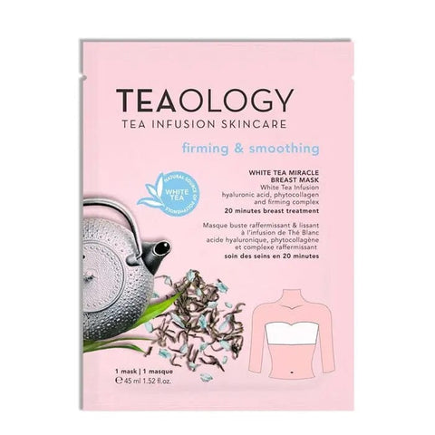 Teaology White Tea Miracle Breast Mask in 45ml jar, firming and smoothing skincare product by Jag Couture London New York.