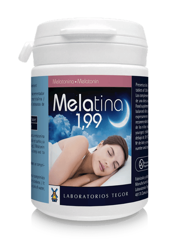 Jag Couture London New York Tegor Melatina 1.99, 60 Comprimidos, close-up of the supplement bottle with label visible.