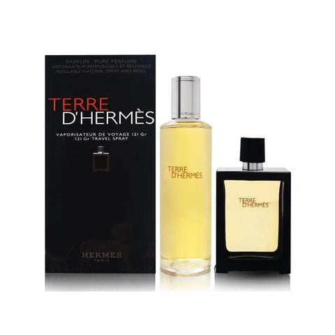Refillable Terre D'hermes perfume spray set with two 30ml bottles by Jag Couture London - New York, elegant and versatile fragrance.