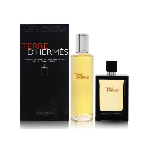 Refillable Terre D'Hermes Eau de Perfume spray set with two 30ml bottles by Jag Couture London New York.