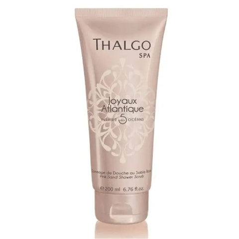 Thalgo Joyaux Atlantique Pink Sand Shower Sand in a 200ml bottle, featuring pink sand exfoliants from Jag Couture London New York.