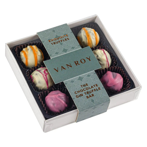Jag Couture London - New York Chocolate Gin Bar selection of truffles in 9-piece grey box with cello lid, elegant dessert gift.