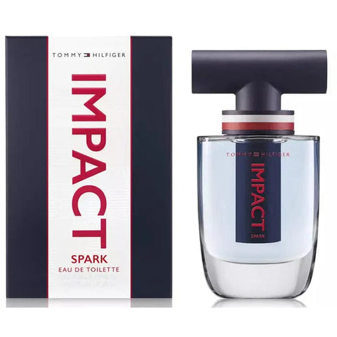 Tommy Hilfiger Impact Spark Eau De Toilette spray 50ml, showcasing the sleek bottle design with vibrant branding.
