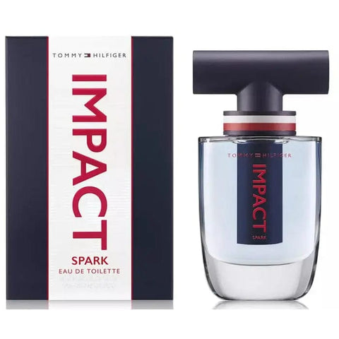 Tommy Hilfiger Impact Spark Eau De Toilette spray 50ml, shown with the sleek perfume bottle and packaging.