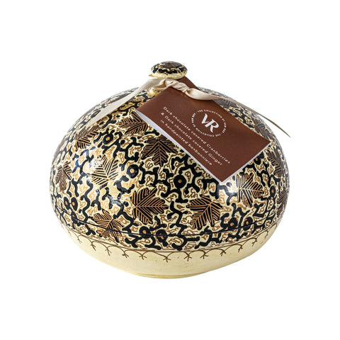 Traditional 6-inch Jag Couture London bonbonniere with dark chocolate-coated ginger and cranberries, showcasing elegant design.