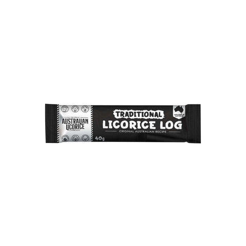 Traditional licorice log from Jag Couture London - New York, showing a long, dark licorice treat with textured surface.