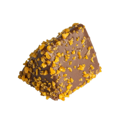 Jag Couture London Triangolo Milk layered marzipan in milk chocolate with mocca décor, 13g, close-up of the layered confection.