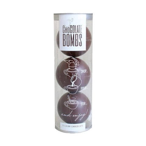 Trio of dark chocolate bombs with mini marshmallows in clear acetate tube, by Jag Couture London New York, VAT free.