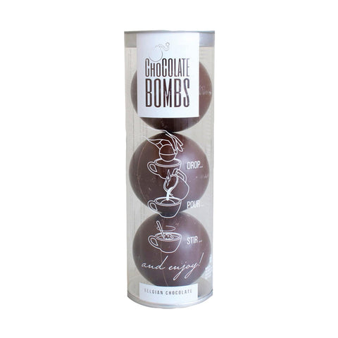 Trio of dark chocolate bombs with mini marshmallows in clear acetate tube, by Jag Couture London – luxurious dessert treats