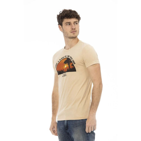 Trussardi Action 2AT03B_04Sand designer handbag with beige leather and gold hardware, displayed on a neutral background.