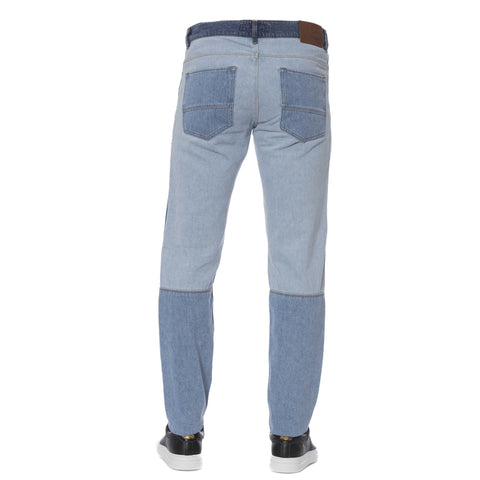 Steel blue Trussardi jeans in a relaxed fit, showcased on a hanger with visible stitching and classic five-pocket design.