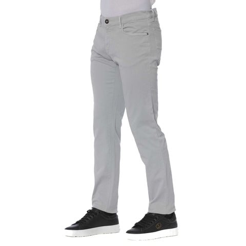 Trussardi Jeans in platinum color, stylish denim with branded details, worn by a model showcasing the fit and design.