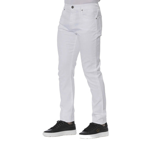 White Trussardi jeans from Jag Couture London, stylish denim with classic fit, shown on a hanger against a neutral background.