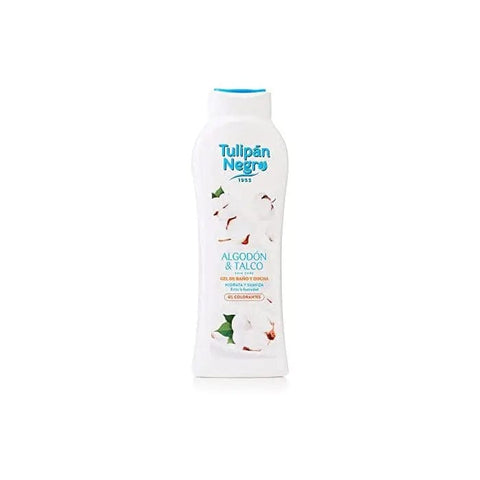 Jag Couture London Tulipán Negro Cotton Shower Gel in 650ml bottle, featuring a sleek design and black floral branding.