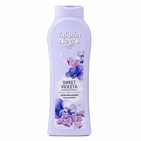 Jag Couture London Tulipán Negro Gel Sweet Violeta shower gel 650ml, relaxing violet-scented body wash in a clear bottle.