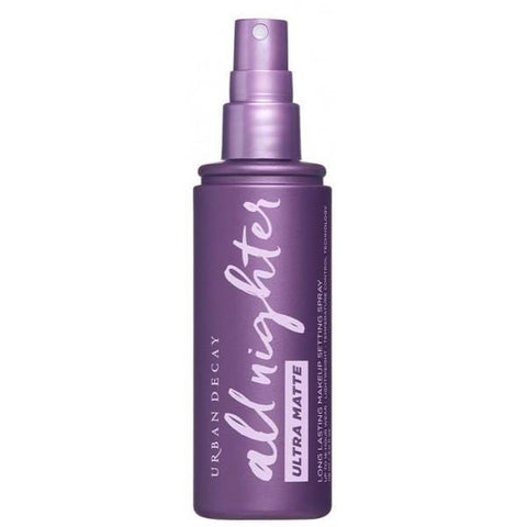 Urban Decay All Nighter Ultra Matte Long Lasting Makeup Setting Spray by Jag Couture London, shown in a sleek spray bottle.