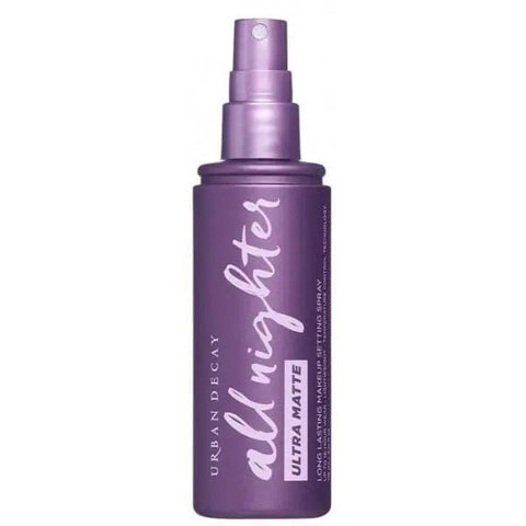 Urban Decay All Nighter Ultra Matte Long Lasting Makeup Setting Spray bottle with black cap and clear label, on a white background.