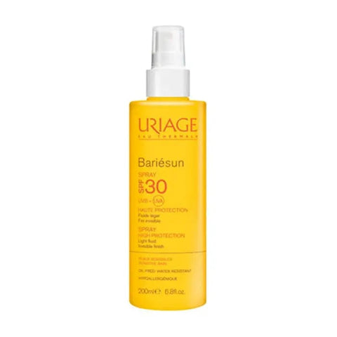 Uriage Bariesun SPF30 spray in a 200ml bottle, designed for sun protection, displayed in a clear image.