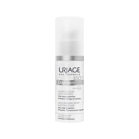 Uriage Dépiderm 30ml skincare product in a white tube with blue and gray accents, displayed on a neutral background.