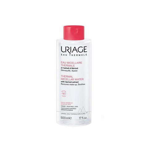 Uriage Eau Micellaire PNS 500ml bottle, gentle cleansing water with micellar formula, displayed in clear packaging.