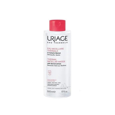 Uriage Eau Micellaire Pns 500ml bottle, gentle facial cleansing water, with clear liquid in a transparent bottle with a white cap.