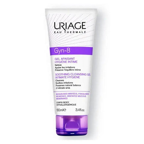 Uriage Gyn-8 Soothing Cleansing Gel for intimate hygiene in a 100ml bottle, with gentle, soothing formula for sensitive skin.