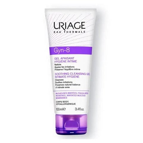 Uriage Gyn-8 Soothing Cleansing Gel for intimate hygiene, 100ml, by Jag Couture London New York, shown in a clear bottle with label.