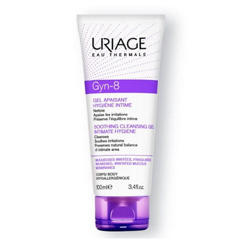 Uriage Gyn-8 Soothing Cleansing Gel for intimate hygiene in a 100ml bottle, designed for gentle, soothing cleansing.