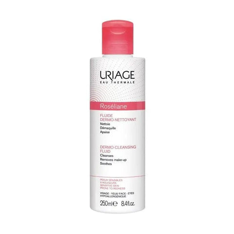 Uriage Roseliane Dermo Cleansing Fluid in 250ml bottle, gentle skincare product with a clear fluid texture, suitable for sensitive skin.