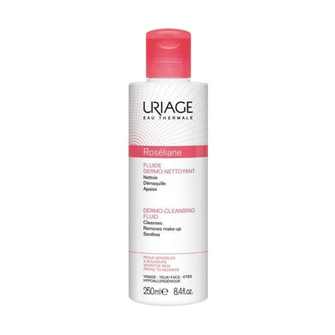 Uriage Roseliane Dermo Cleansing Fluid 250ml in a clear bottle, suitable for sensitive skin, with gentle cleansing formula.