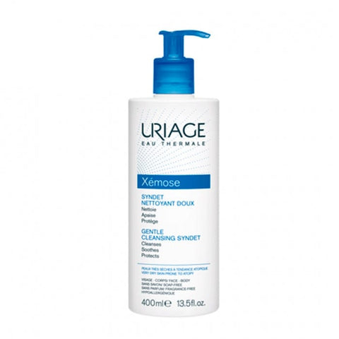Uriage Xemose Syndet 400ml gentle cleansing cream bottle with soft label, designed for sensitive skin care.