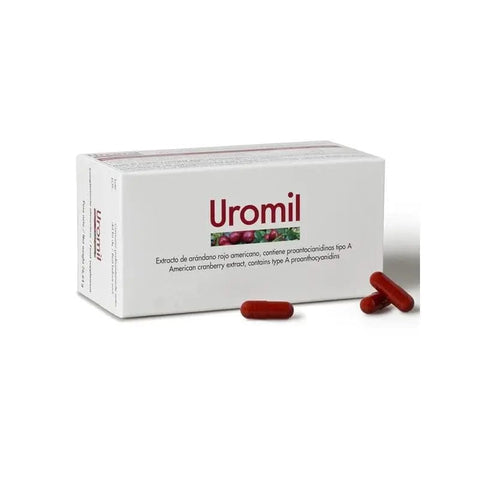 Uromil 90 capsules by Jag Couture London New York, featuring a bottle of dietary supplement capsules on a white background.
