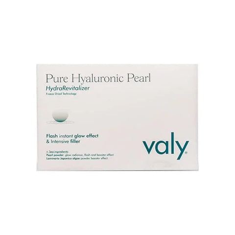 Jag Couture London New York Valy Pure Hyaluronic Pearl 10 capsules, clear jar with white capsules, skincare supplement packaging
