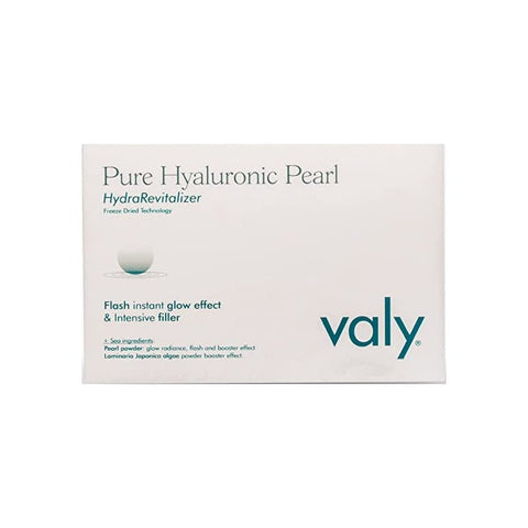 Jag Couture London-New York Valy Pure Hyaluronic Pearl, 10 capsules, close-up view showing the product packaging and capsules.