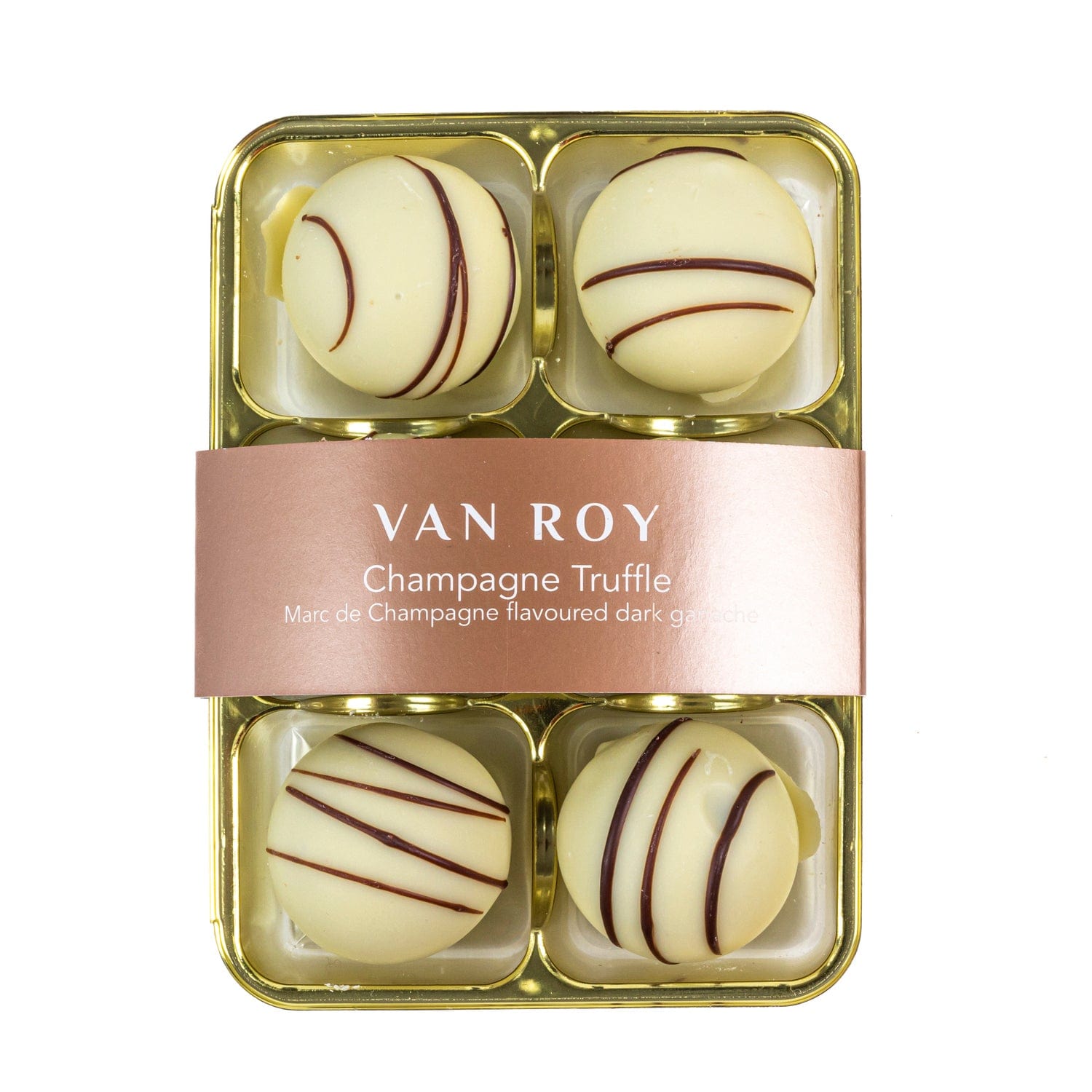 Jag Couture London - New York Van Roy 6 pack of white chocolate covered Marc de Champagne truffles in cello