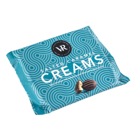 Jag Couture London Van Roy salted caramel fondant creams in a square pack, showcasing rich caramel filling and smooth chocolate exterior.