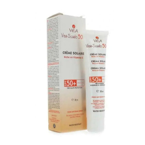 Jag Couture London Vea Scudo 50+ Sunscreen Rich SPF50 30ml bottle, showing the packaging of this broad-spectrum sun protection cream.