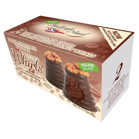 Vegan dark chocolate coffee ganache walnut whirls twin pack by Jag Couture London - New York, with visible chocolate layers and walnut pieces.