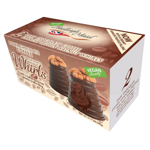 Vegan friendly dark chocolate coffee ganache walnut whirls twin pack by Jag Couture London New York, with visible flaky pastry and walnut pieces.