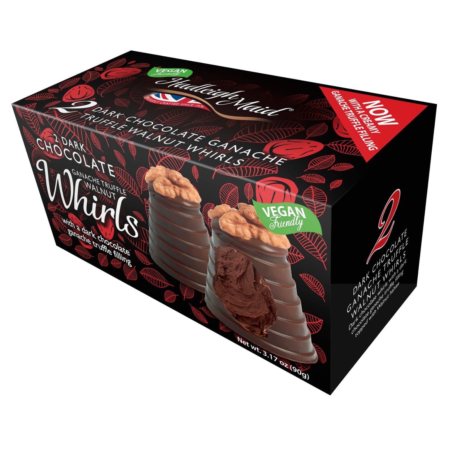 Vegan-friendly dark chocolate ganache walnut whirls twin pack by Jag Couture London New York, showing chocolate-filled walnut pastries.