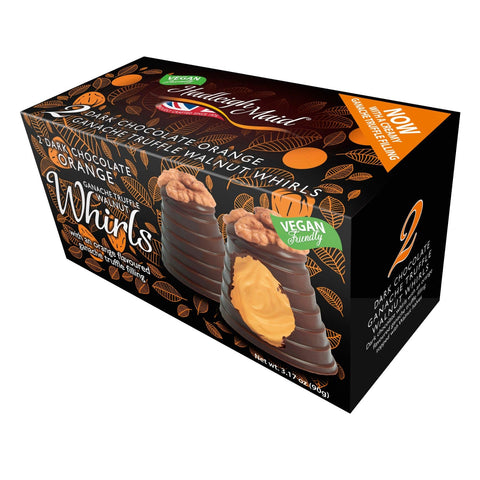 Vegan-friendly dark chocolate orange ganache walnut whirls twin pack by Jag Couture London New York, showing the pastry's swirl design
