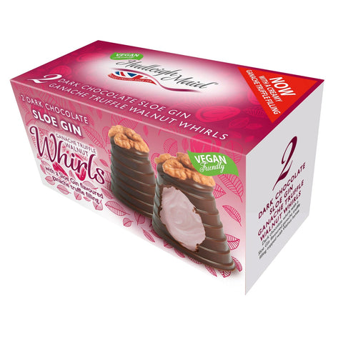 Vegan dark chocolate sloe gin truffle walnut whirls twin pack by Jag Couture London New York, showing rich chocolate and walnut details