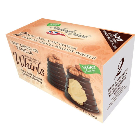 Vegan dark chocolate vanilla ganache walnut whirls twin pack by Jag Couture London New York, with chocolate, vanilla filling, and walnut swirls.