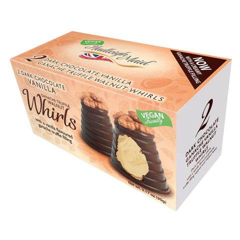 Vegan dark chocolate vanilla ganache walnut whirls twin pack by Jag Couture London New York, close-up of crispy, chocolate-filled pastries