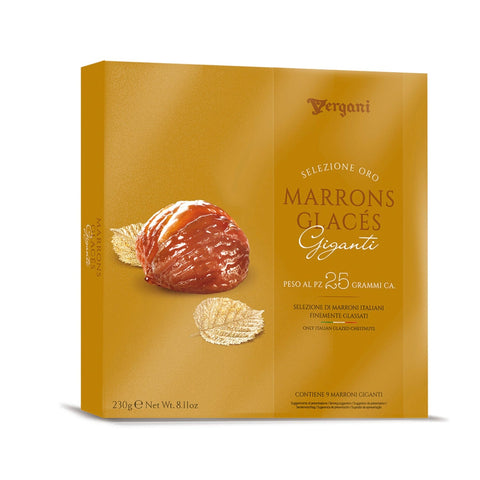 Vergani Marrons Glaces in gift box, 25g pieces, traditional Italian candied chestnuts by Jag Couture London New York