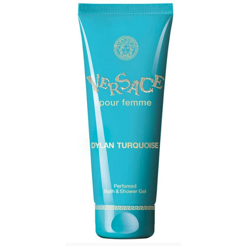 Versace Dylan Turquoise Feme Bath and Shower Gel in 200ml bottle, with turquoise packaging and branding.