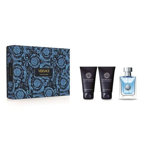 Versace Pour Homme fragrance set by Jag Couture London featuring a cologne bottle and matching grooming products.